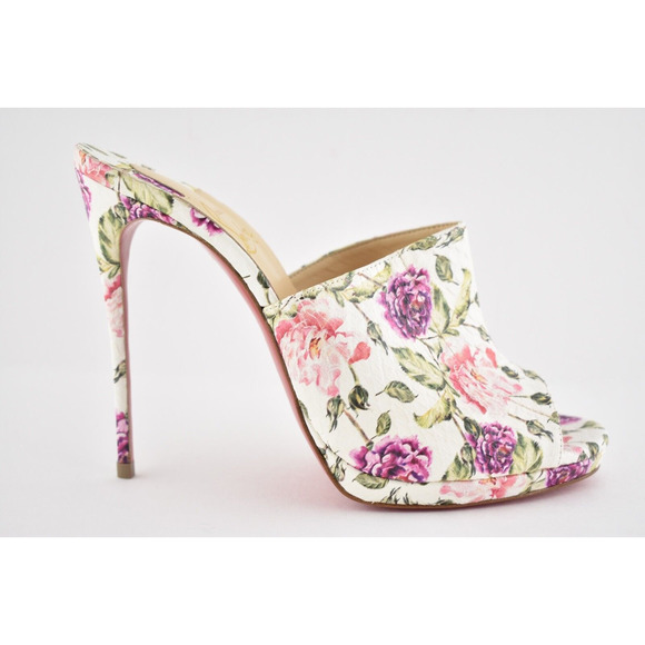Christian Louboutin Pigamule 120 White Pink Floral Mule Sandal Heel Pump 36.5 - Picture 2 of 12